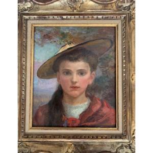 Portrait de Jeune Fille Au Chapeau Huile Sur Panneau 1930